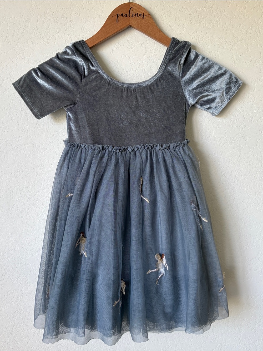 Mini Boden Girls Silver Gray Velvet Tulle Dress Fairy Embroidered 5-6Y Party